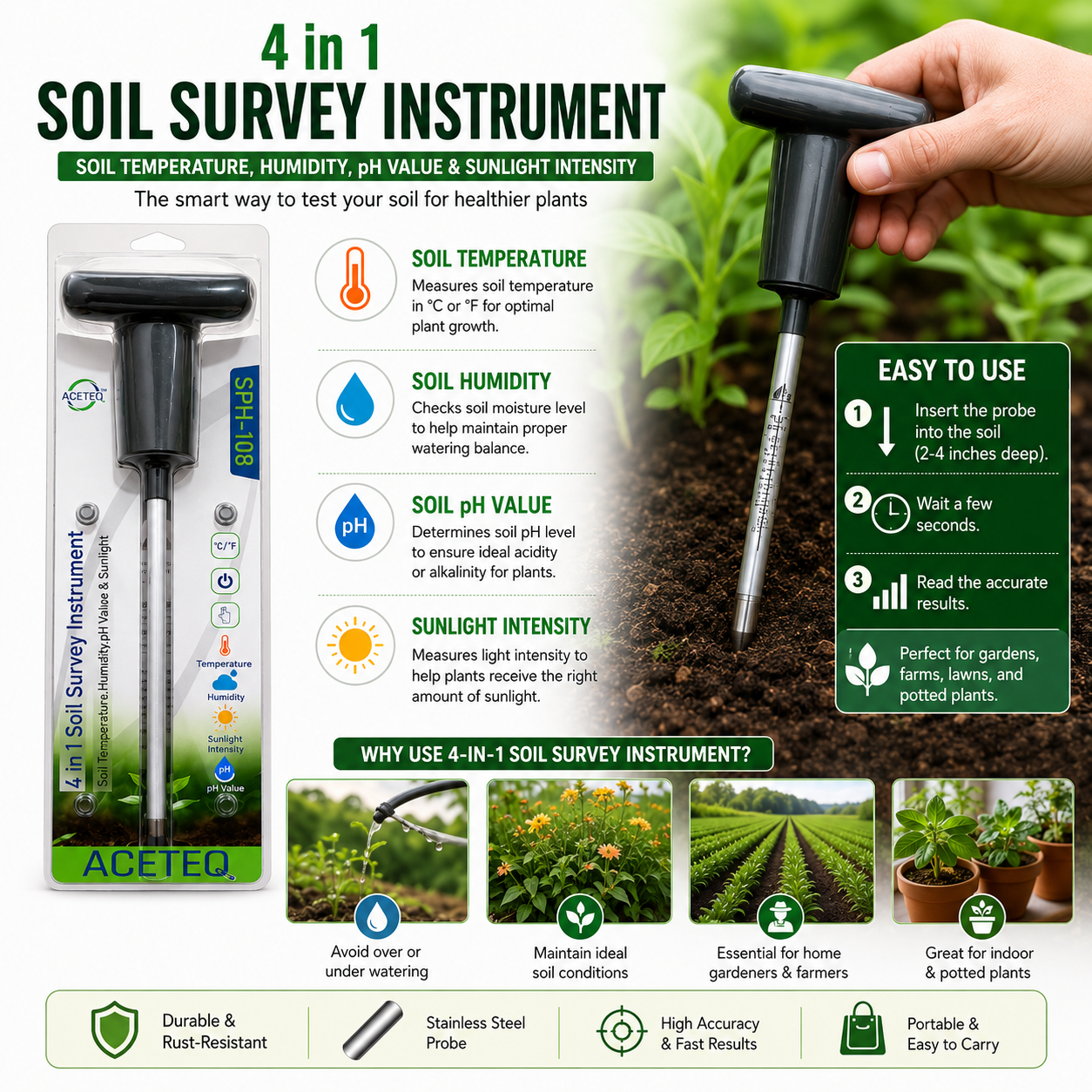 4 in 1 Soil Survey Instrument (Soil Temperature, Humidity, pH Value and Sunlight) ACETEQ SPH-108